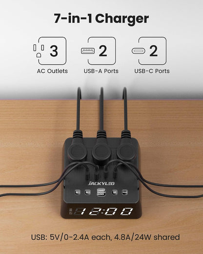 Alarm Clock with 4 USB Chargers, Power Strip 3 Outlets, 1700J