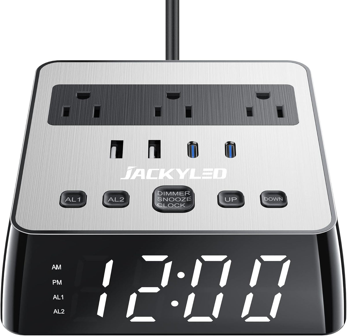 Alarm Clock with 4 USB Chargers, Power Strip 3 Outlets, 1700J