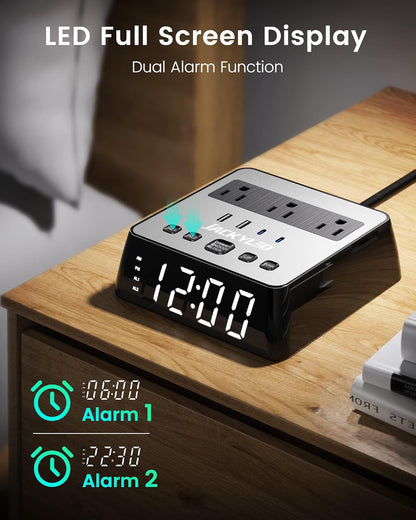 Alarm Clock with 4 USB Chargers, Power Strip 3 Outlets, 1700J