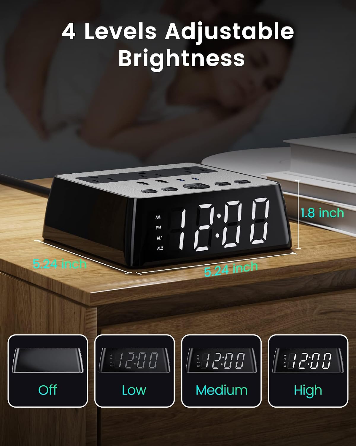 Alarm Clock with 4 USB Chargers, Power Strip 3 Outlets, 1700J
