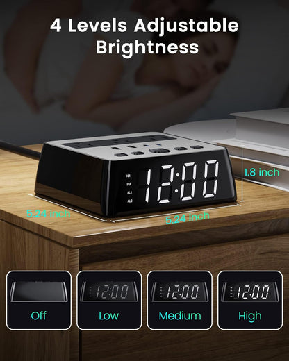 Alarm Clock with 4 USB Chargers, Power Strip 3 Outlets, 1700J