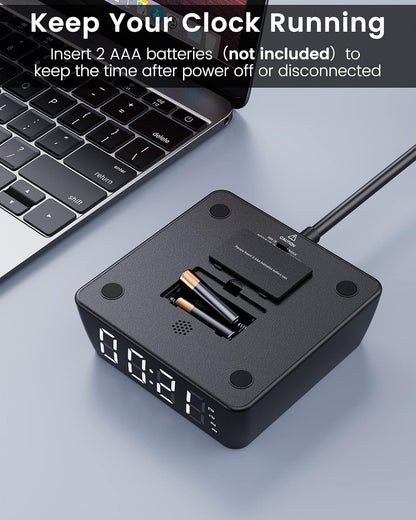 Alarm Clock with 4 USB Chargers, Power Strip 3 Outlets, 1700J