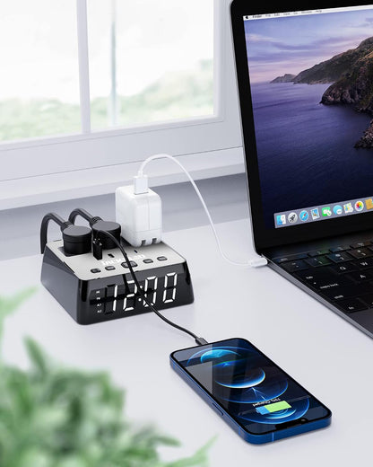 Alarm Clock with 4 USB Chargers, Power Strip 3 Outlets, 1700J