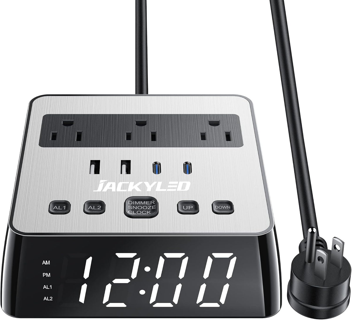 Alarm Clock with 4 USB Chargers, Power Strip 3 Outlets, 1700J