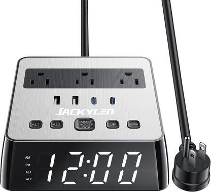 Alarm Clock with 4 USB Chargers, Power Strip 3 Outlets, 1700J