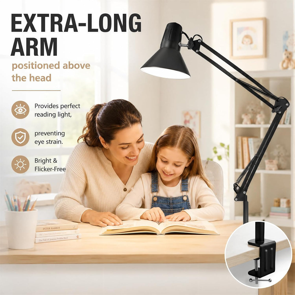 Black Desk Lamp with Clamp, Extra-Tall Adjustable Metal Swing Arm, 5000K