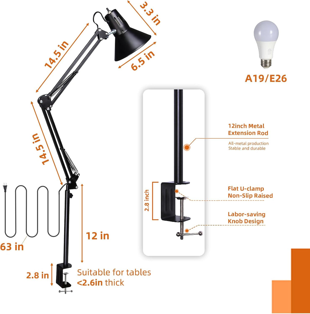 Black Desk Lamp with Clamp, Extra-Tall Adjustable Metal Swing Arm, 5000K