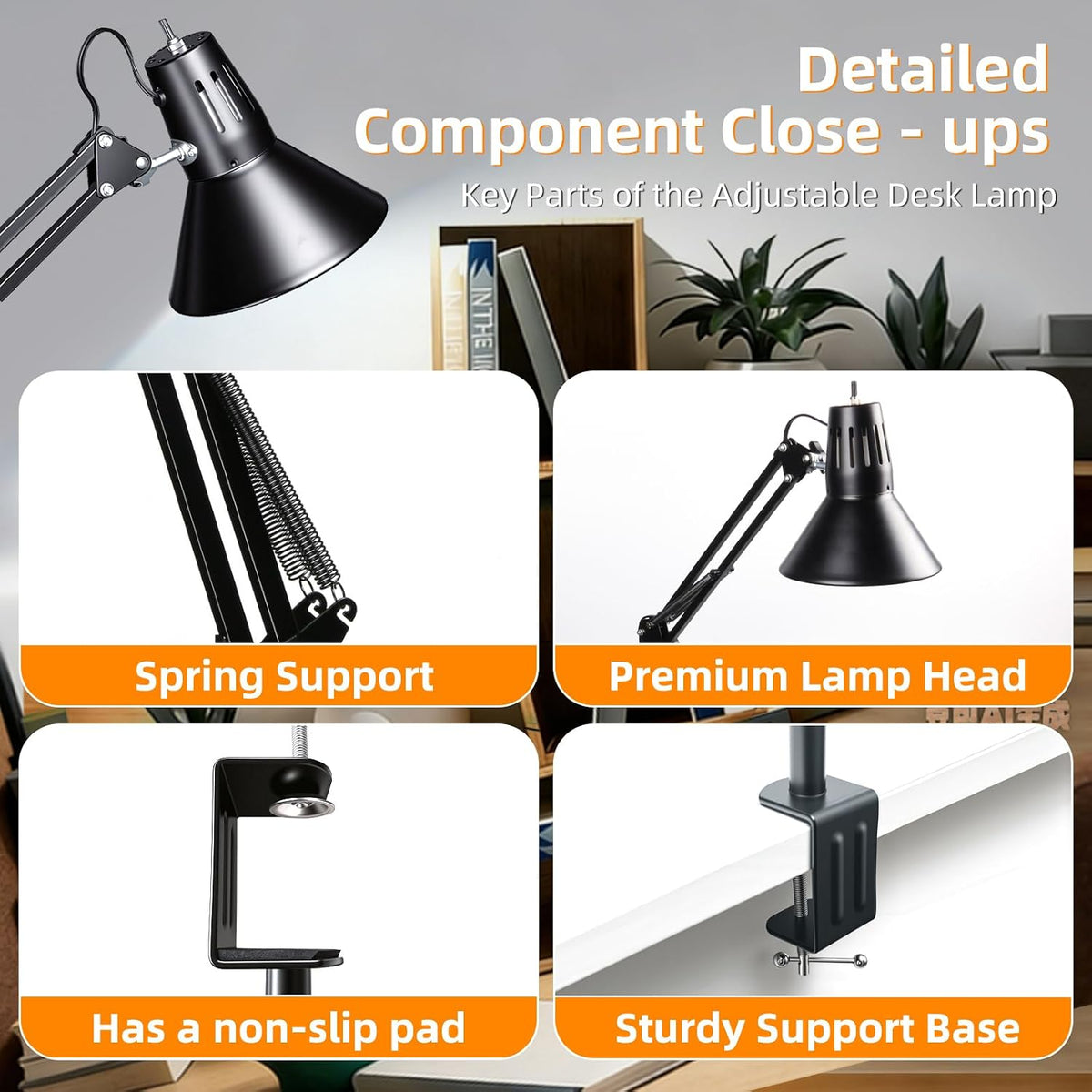 Black Desk Lamp with Clamp, Extra-Tall Adjustable Metal Swing Arm, 5000K