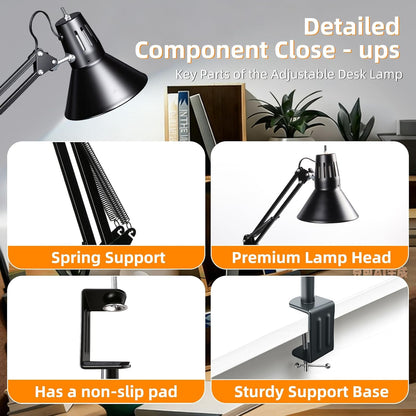 Black Desk Lamp with Clamp, Extra-Tall Adjustable Metal Swing Arm, 5000K