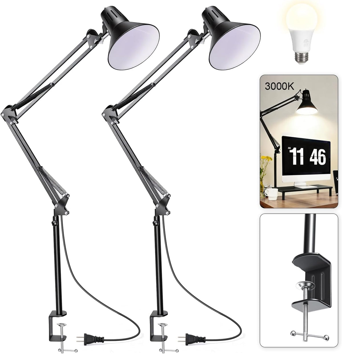 Black Desk Lamp with Clamp, Extra-Tall Adjustable Metal Swing Arm, 5000K