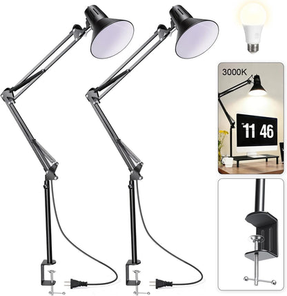 Black Desk Lamp with Clamp, Extra-Tall Adjustable Metal Swing Arm, 5000K