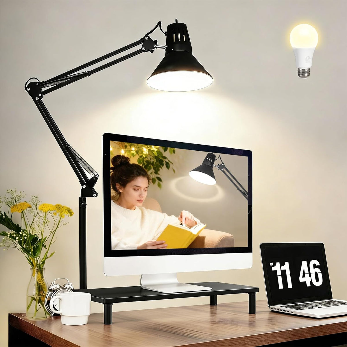 Black Desk Lamp with Clamp, Extra-Tall Adjustable Metal Swing Arm, 5000K