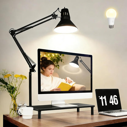 Black Desk Lamp with Clamp, Extra-Tall Adjustable Metal Swing Arm, 5000K