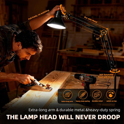 Black Desk Lamp with Clamp, Extra-Tall Adjustable Metal Swing Arm, 5000K