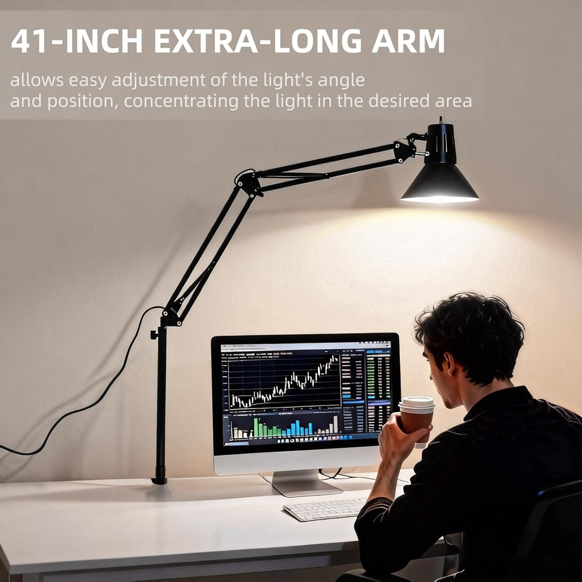 Black Desk Lamp with Clamp, Extra-Tall Adjustable Metal Swing Arm, 5000K