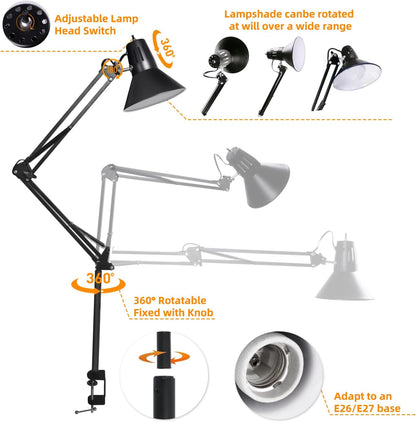 Black Desk Lamp with Clamp, Extra-Tall Adjustable Metal Swing Arm, 5000K