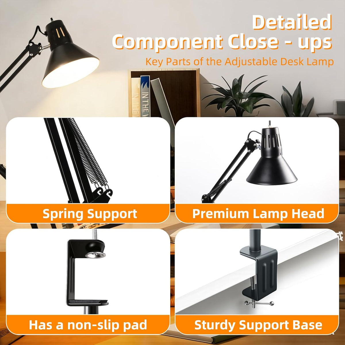 Black Desk Lamp with Clamp, Extra-Tall Adjustable Metal Swing Arm, 5000K