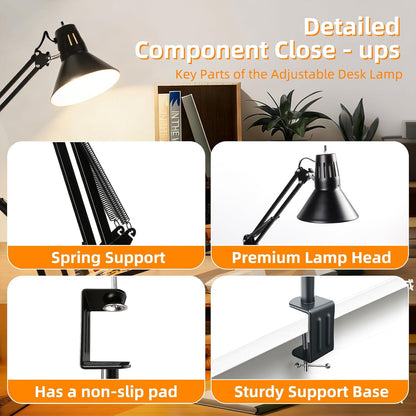 Black Desk Lamp with Clamp, Extra-Tall Adjustable Metal Swing Arm, 5000K