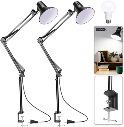 Black Desk Lamp with Clamp, Extra-Tall Adjustable Metal Swing Arm, 5000K