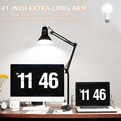 Black Desk Lamp with Clamp, Extra-Tall Adjustable Metal Swing Arm, 5000K