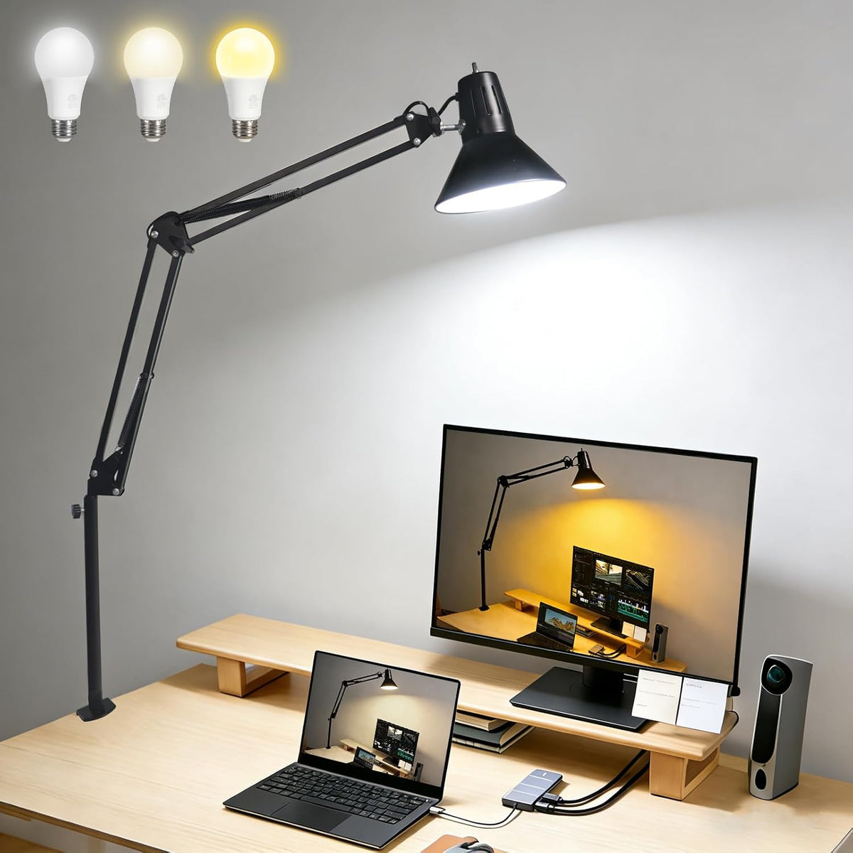Black Desk Lamp with Clamp, Extra-Tall Adjustable Metal Swing Arm, 5000K