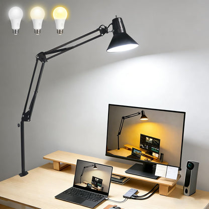 Black Desk Lamp with Clamp, Extra-Tall Adjustable Metal Swing Arm, 5000K