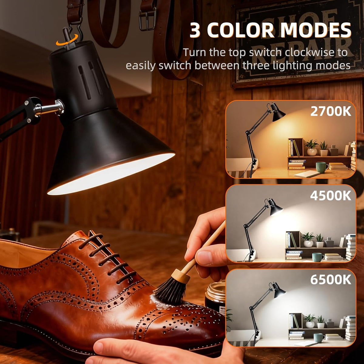 Black Desk Lamp with Clamp, Extra-Tall Adjustable Metal Swing Arm, 5000K