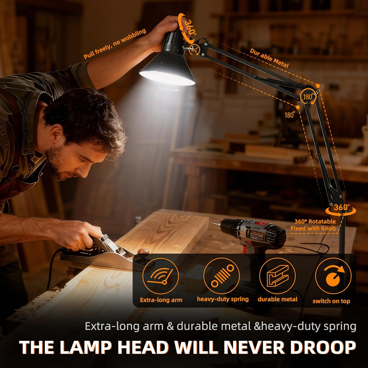 Black Desk Lamp with Clamp, Extra-Tall Adjustable Metal Swing Arm, 5000K
