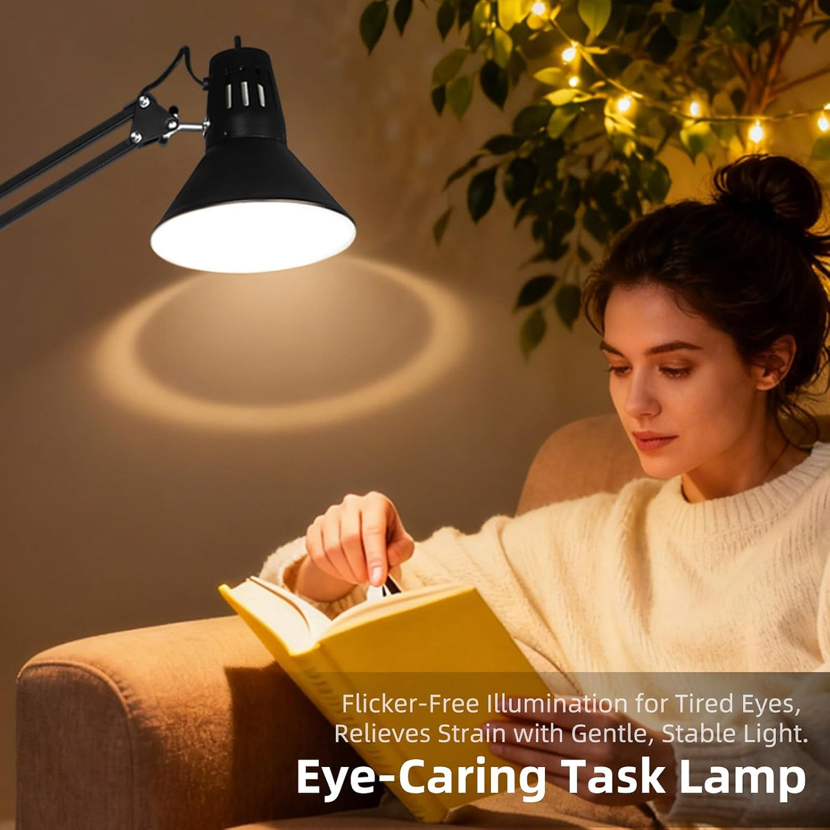 Black Desk Lamp with Clamp, Extra-Tall Adjustable Metal Swing Arm, 5000K