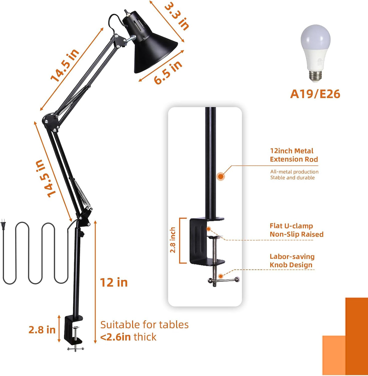 Black Desk Lamp with Clamp, Extra-Tall Adjustable Metal Swing Arm, 5000K