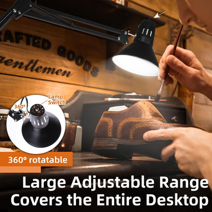 Black Desk Lamp with Clamp, Extra-Tall Adjustable Metal Swing Arm, 5000K