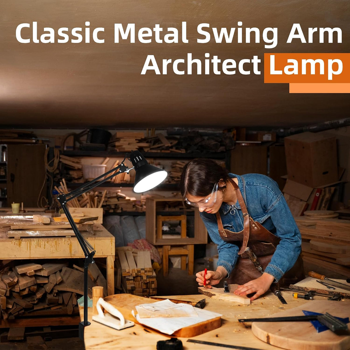 Black Desk Lamp with Clamp, Extra-Tall Adjustable Metal Swing Arm, 5000K