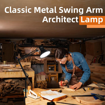 Black Desk Lamp with Clamp, Extra-Tall Adjustable Metal Swing Arm, 5000K