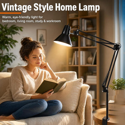Black Desk Lamp with Clamp, Extra-Tall Adjustable Metal Swing Arm, 5000K