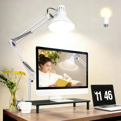 Black Desk Lamp with Clamp, Extra-Tall Adjustable Metal Swing Arm, 5000K