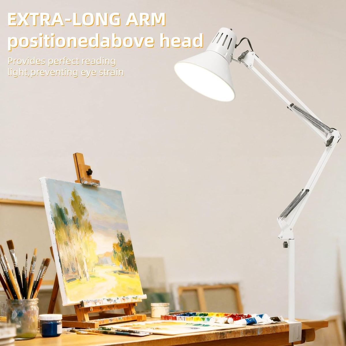 Black Desk Lamp with Clamp, Extra-Tall Adjustable Metal Swing Arm, 5000K