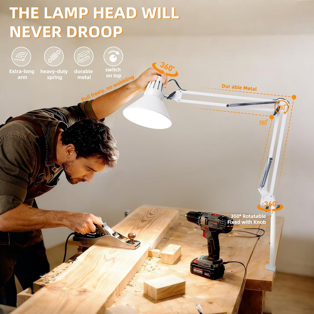Black Desk Lamp with Clamp, Extra-Tall Adjustable Metal Swing Arm, 5000K