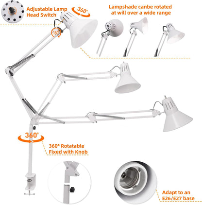 Black Desk Lamp with Clamp, Extra-Tall Adjustable Metal Swing Arm, 5000K