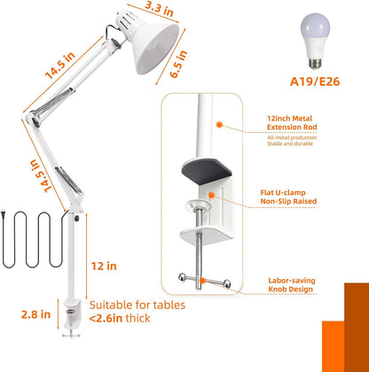 Black Desk Lamp with Clamp, Extra-Tall Adjustable Metal Swing Arm, 5000K