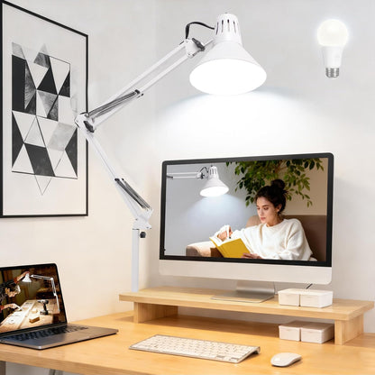 Black Desk Lamp with Clamp, Extra-Tall Adjustable Metal Swing Arm, 5000K