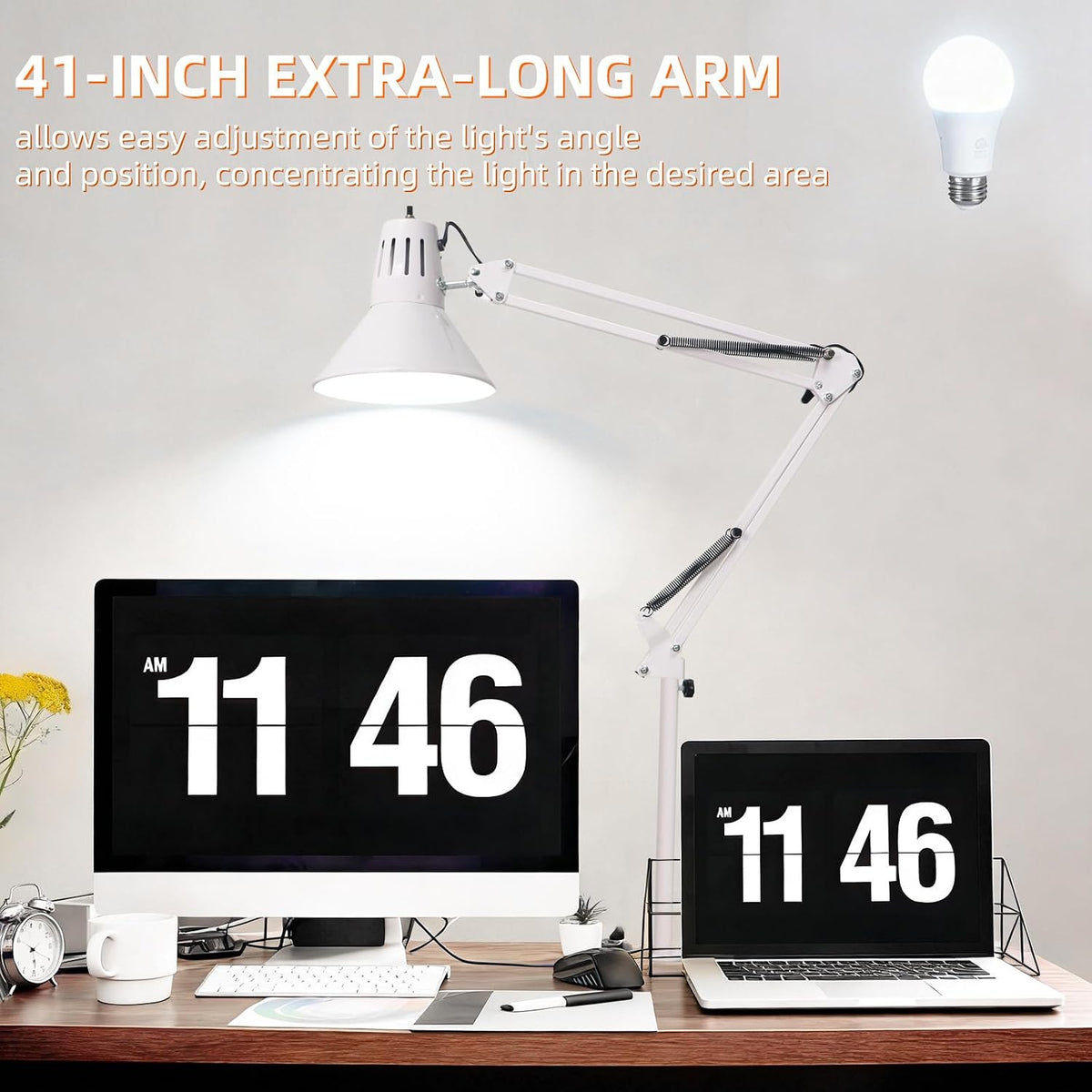 Black Desk Lamp with Clamp, Extra-Tall Adjustable Metal Swing Arm, 5000K