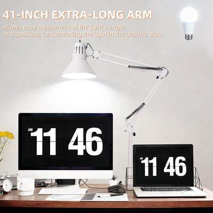 Black Desk Lamp with Clamp, Extra-Tall Adjustable Metal Swing Arm, 5000K