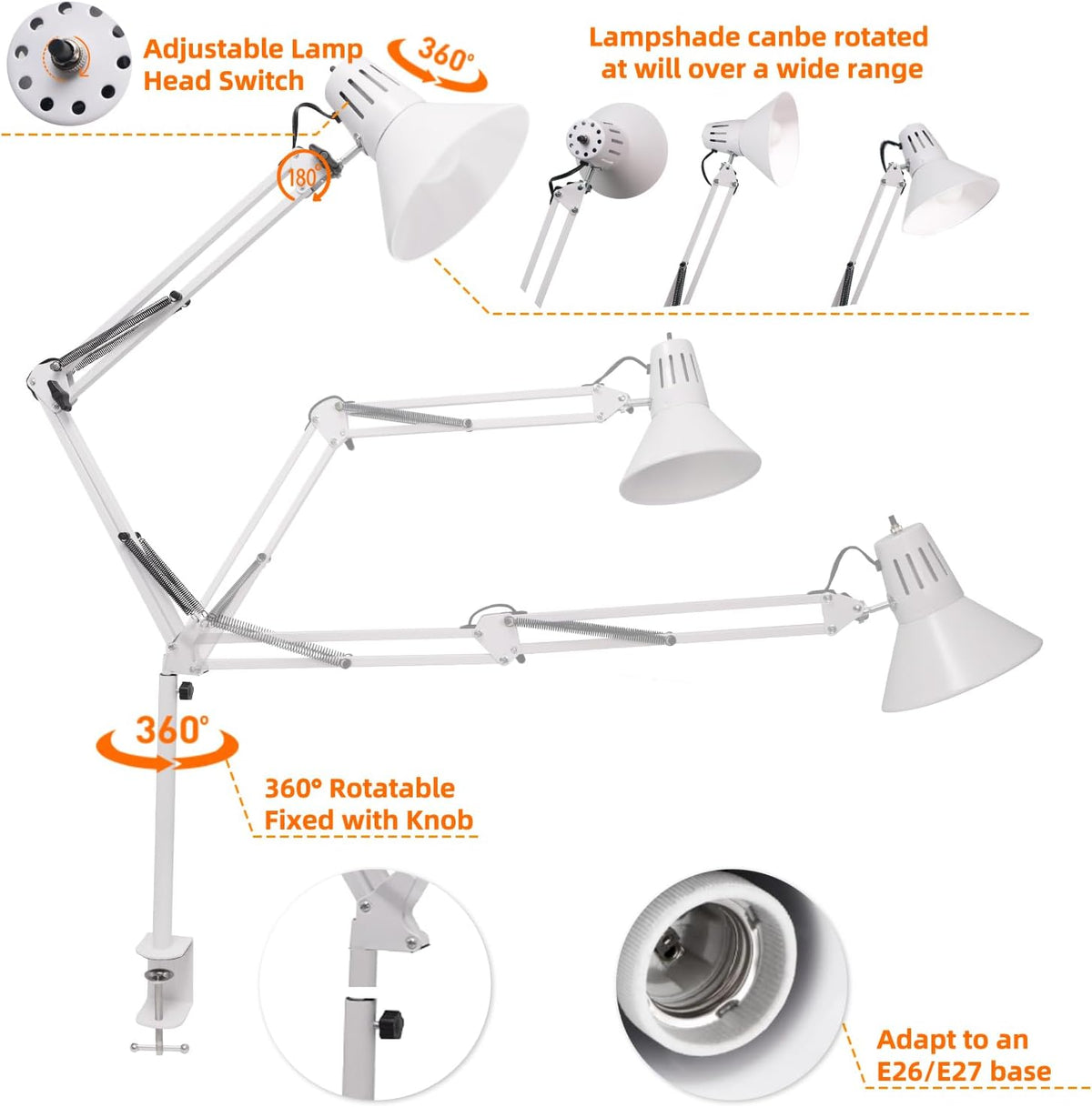 Black Desk Lamp with Clamp, Extra-Tall Adjustable Metal Swing Arm, 5000K