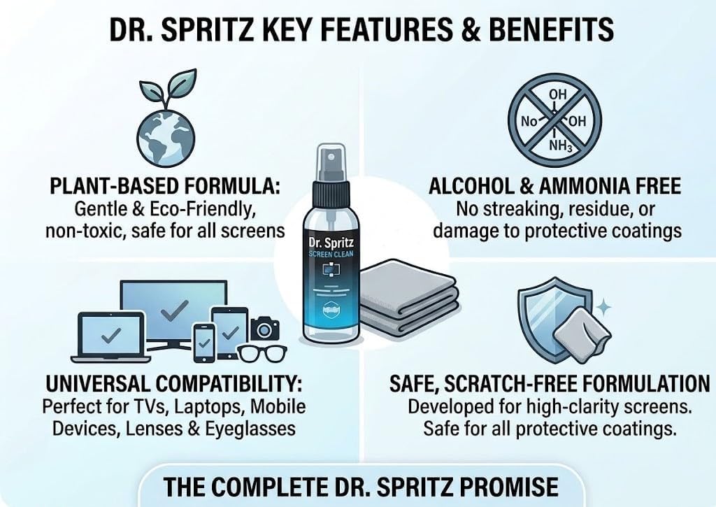 Dr. Spritz Screen Cleaner Spray (2 Pack) - Streak-Free Cleaning Kit for Laptop, MacBook, iPhone, Smart TV & Computer Monitor - Plant-Based & Alcohol-Free - Includes 2 Microfiber Cloths & Detail Tools