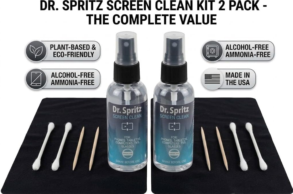 Dr. Spritz Screen Cleaner Spray (2 Pack) - Streak-Free Cleaning Kit for Laptop, MacBook, iPhone, Smart TV & Computer Monitor - Plant-Based & Alcohol-Free - Includes 2 Microfiber Cloths & Detail Tools