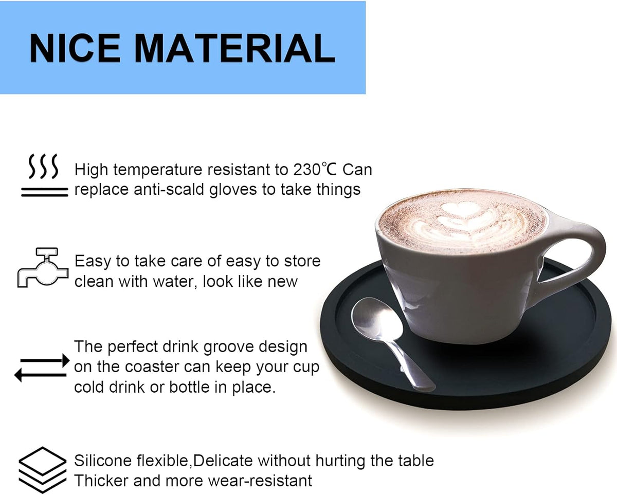 Anti-Slip Reusable Drink Coasters Set - Non Slip Silicone Coasters Protect Desk from Heat and Scratch Damage (4 Pack, Black)