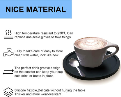 Anti-Slip Reusable Drink Coasters Set - Non Slip Silicone Coasters Protect Desk from Heat and Scratch Damage (4 Pack, Black)