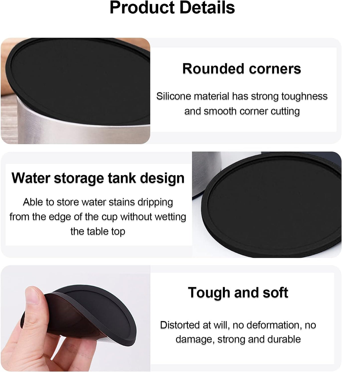Anti-Slip Reusable Drink Coasters Set - Non Slip Silicone Coasters Protect Desk from Heat and Scratch Damage (4 Pack, Black)