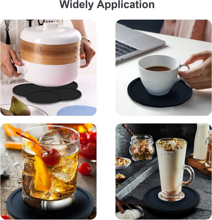 Anti-Slip Reusable Drink Coasters Set - Non Slip Silicone Coasters Protect Desk from Heat and Scratch Damage (4 Pack, Black)