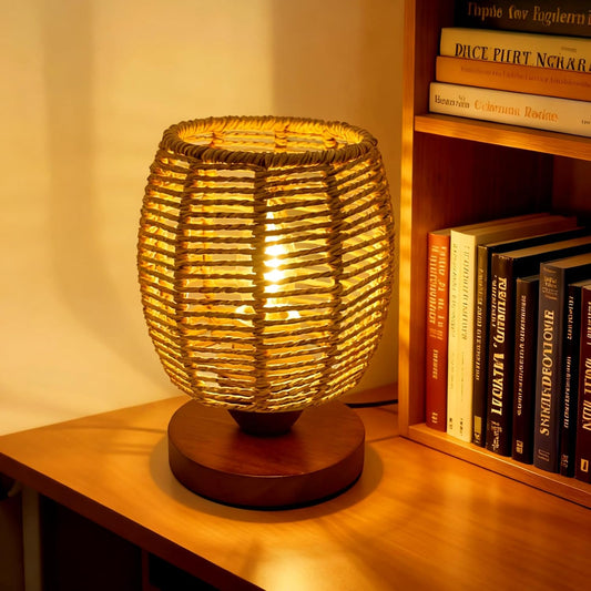 Rattan Table Lamp,Boho Wicker Woven Small Bedside Lamps for Bedroom Decor